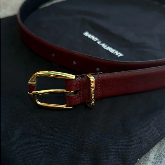 YSL Saint Laurent Burgundy Vintage Leather Belt with Gold Logo - Picture 7 of 12